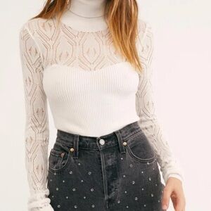 NWT Free People White Sweetheart Bustier Pointelle Crochet Knit Bodysuit